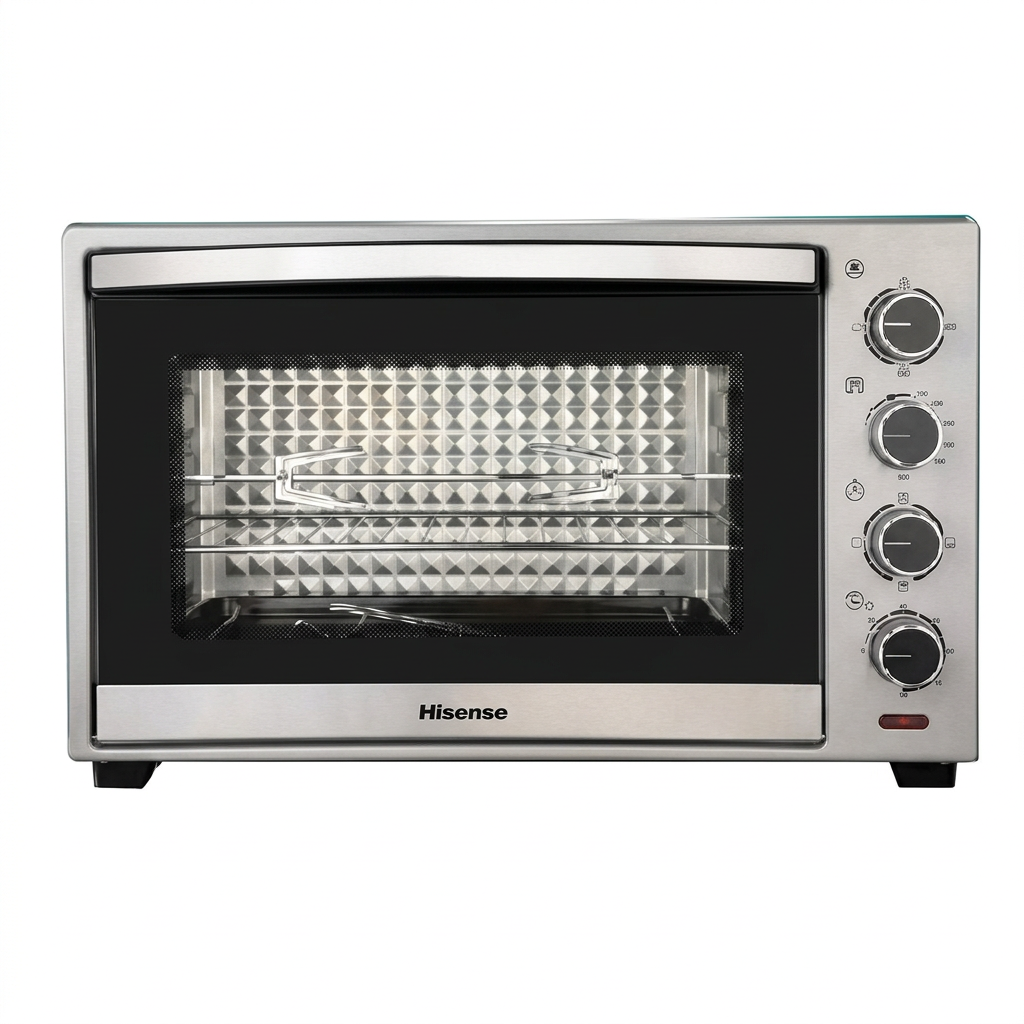 AI-edited silver Hisense 38L countertop oven with door closed on white.