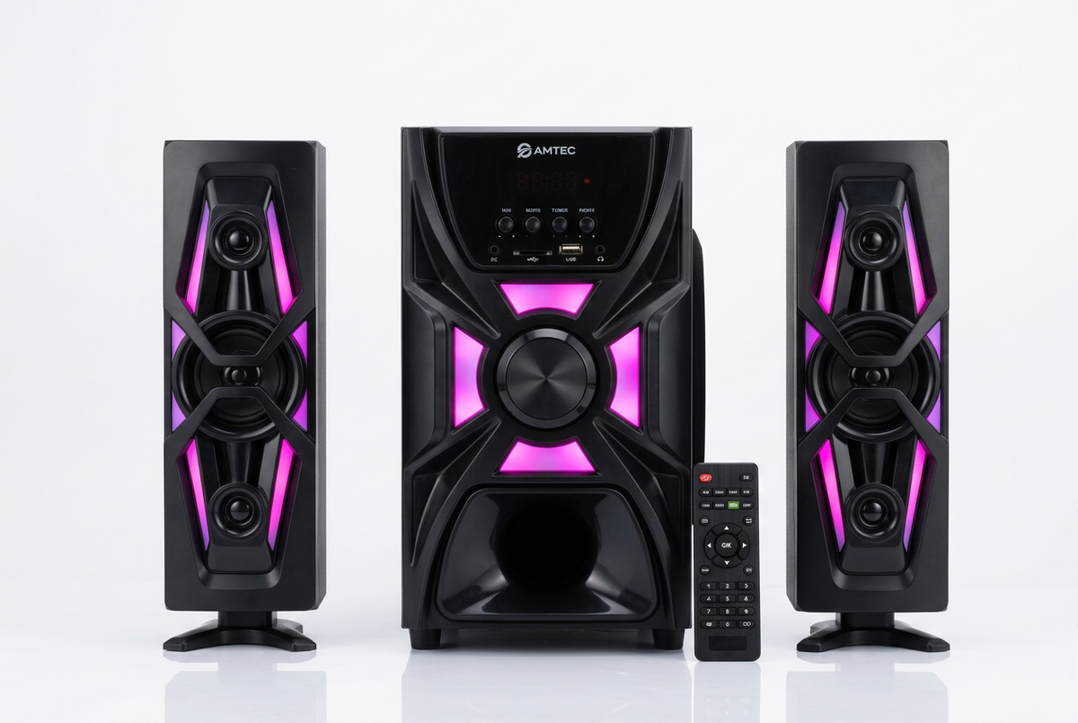 Amtec AM-315 3.1CH X-Bass Home Theater System - Full System Front View with Pink Purple LED