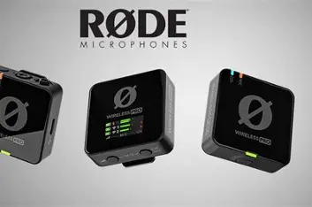 RØDE Wireless PRO product image showing two black transmitters and a receiver with status display