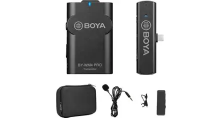 BOYA WM4 Pro K5 black bodypack transmitter, slim plug-in receiver, wired lavalier microphone, clip and zippered pouch