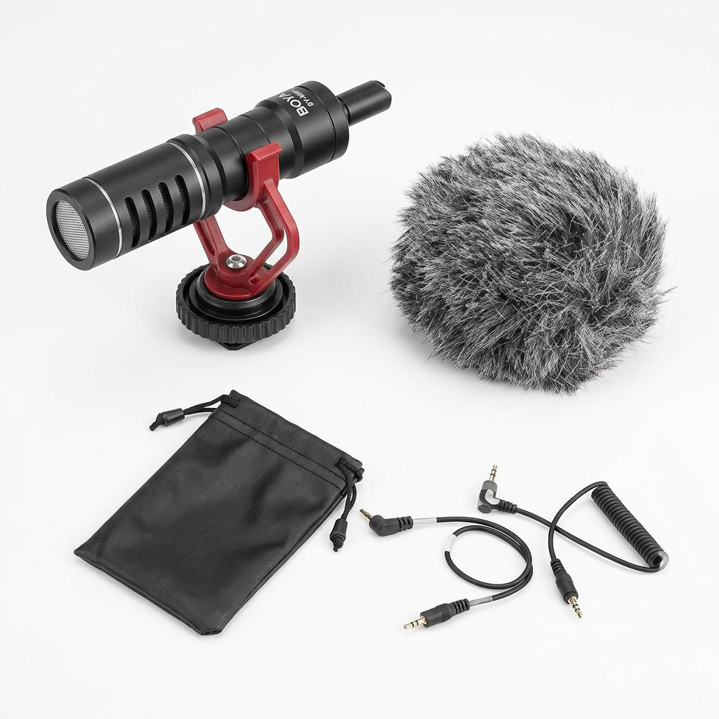 AI-generated unpacked illustration of BOYA MM1 microphone with red mount, furry windshield, pouch and audio cables