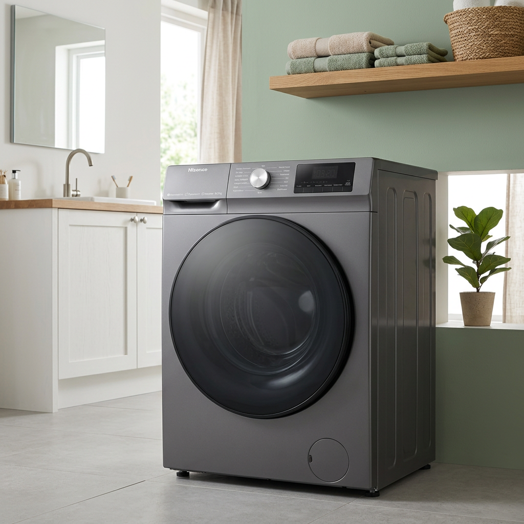 AI-edited grey Hisense washer-dryer in a laundry room; furniture basket towels and decor excluded.