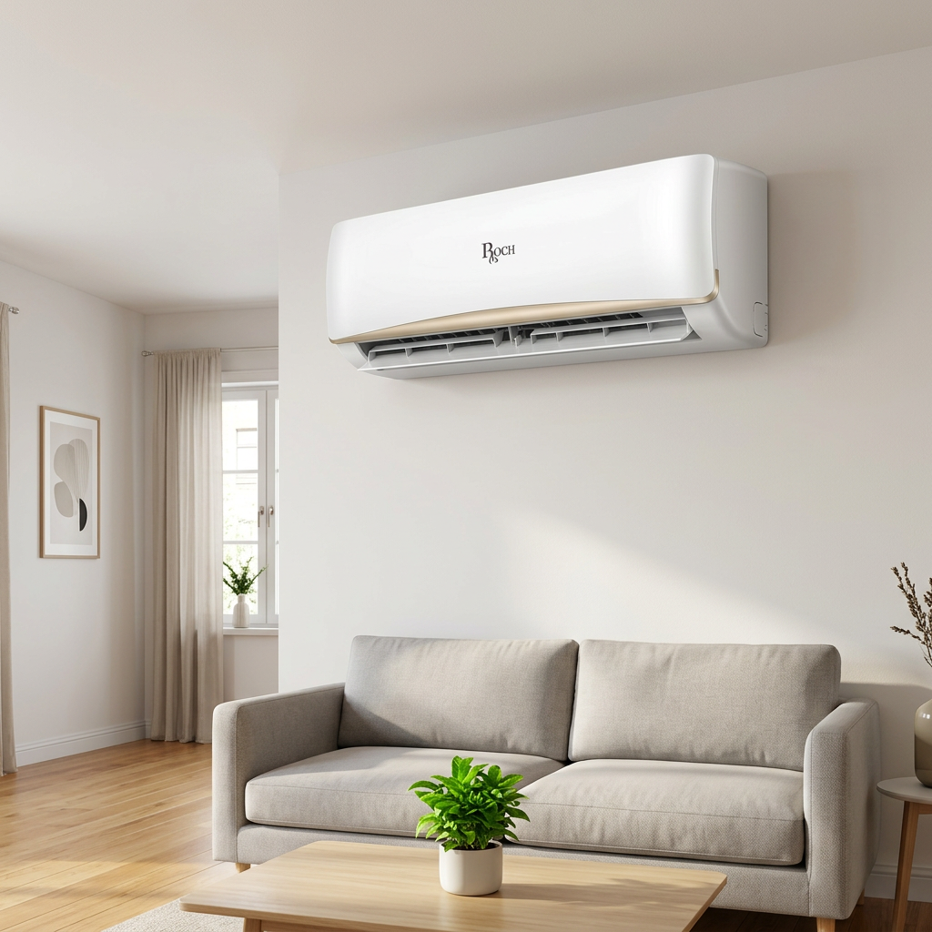 AI-generated first-reference ROCH indoor split air conditioner in an illustrative living room
