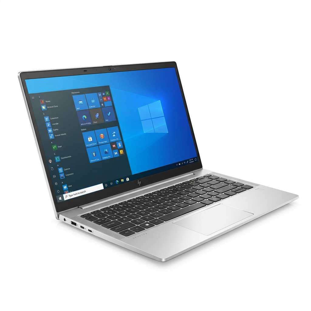 Silver HP laptop open at a three-quarter angle showing screen and keyboard on white.