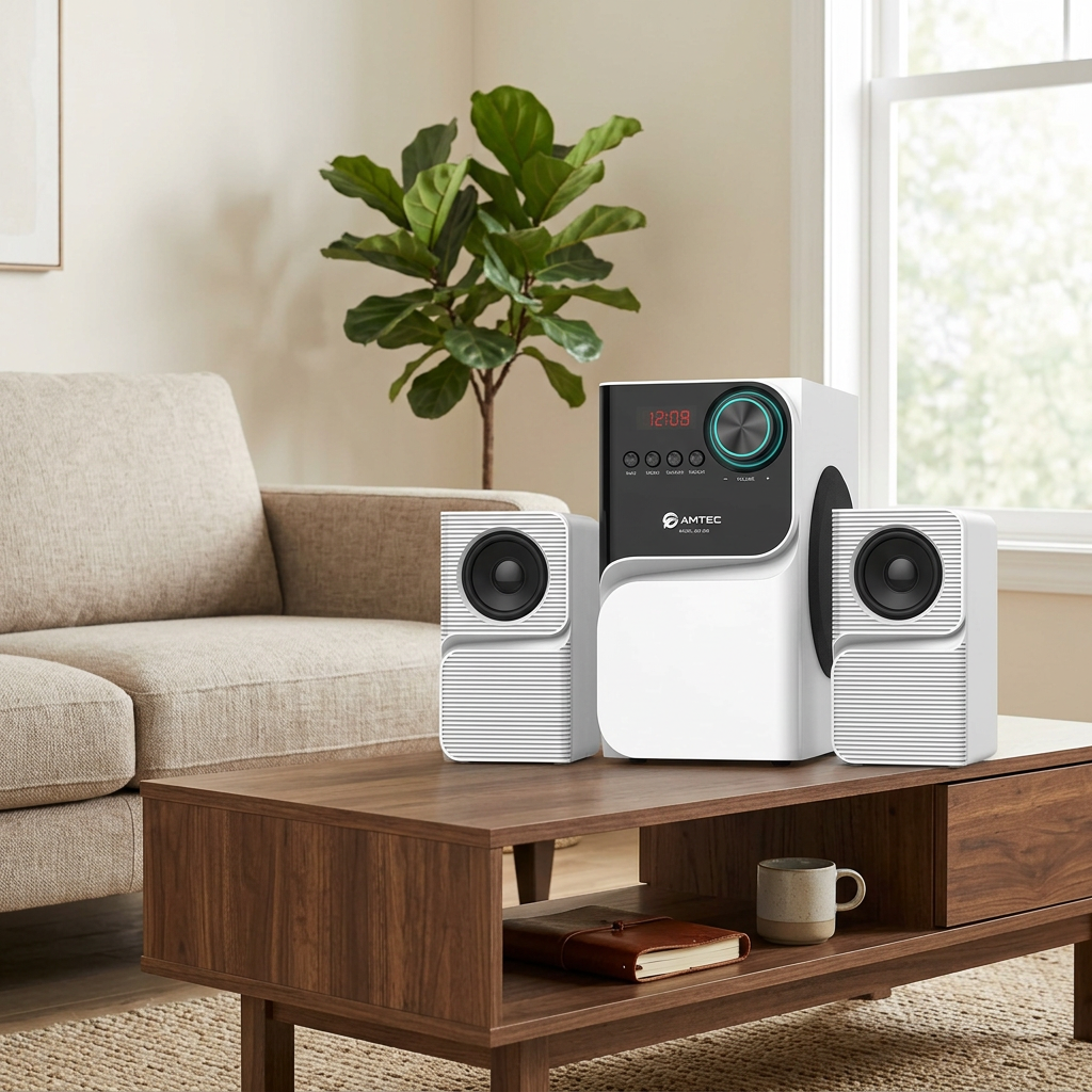 AI-edited Amtec AM-005 three-piece speaker system in living room; furnishings not included.
