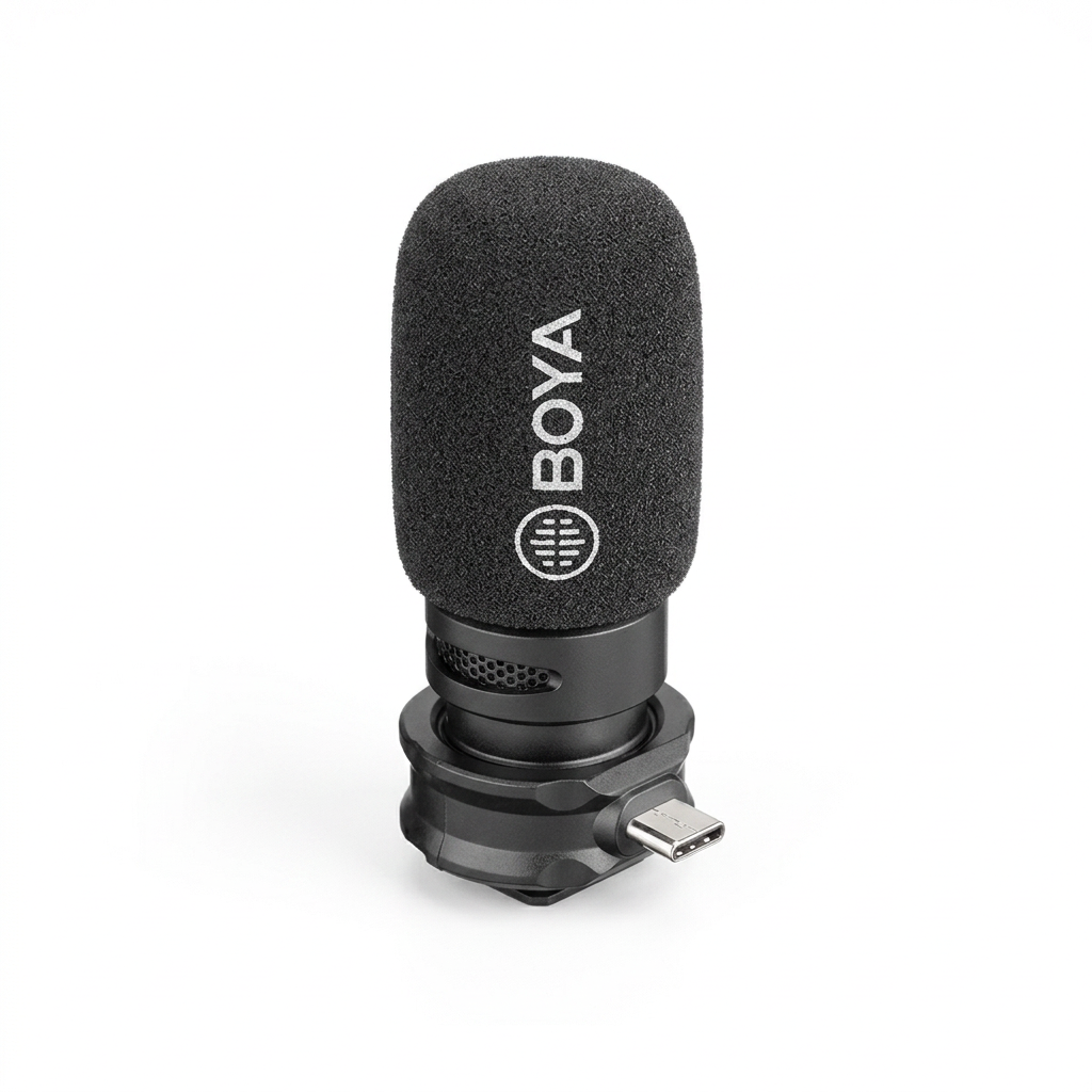 AI-generated product view of a BOYA DM100 Type-C microphone fitted with black foam cover