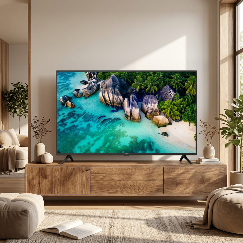 AI-edited Amtec TV living-room illustration; screen and furnishings illustrative, decor not included.