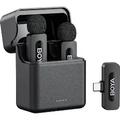 Black BOYA V30 case with open lid, two foam-tipped clip-on microphones and a USB-C receiver