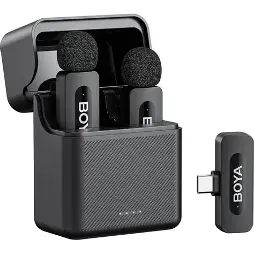 Black BOYA V30 case with open lid, two foam-tipped clip-on microphones and a USB-C receiver
