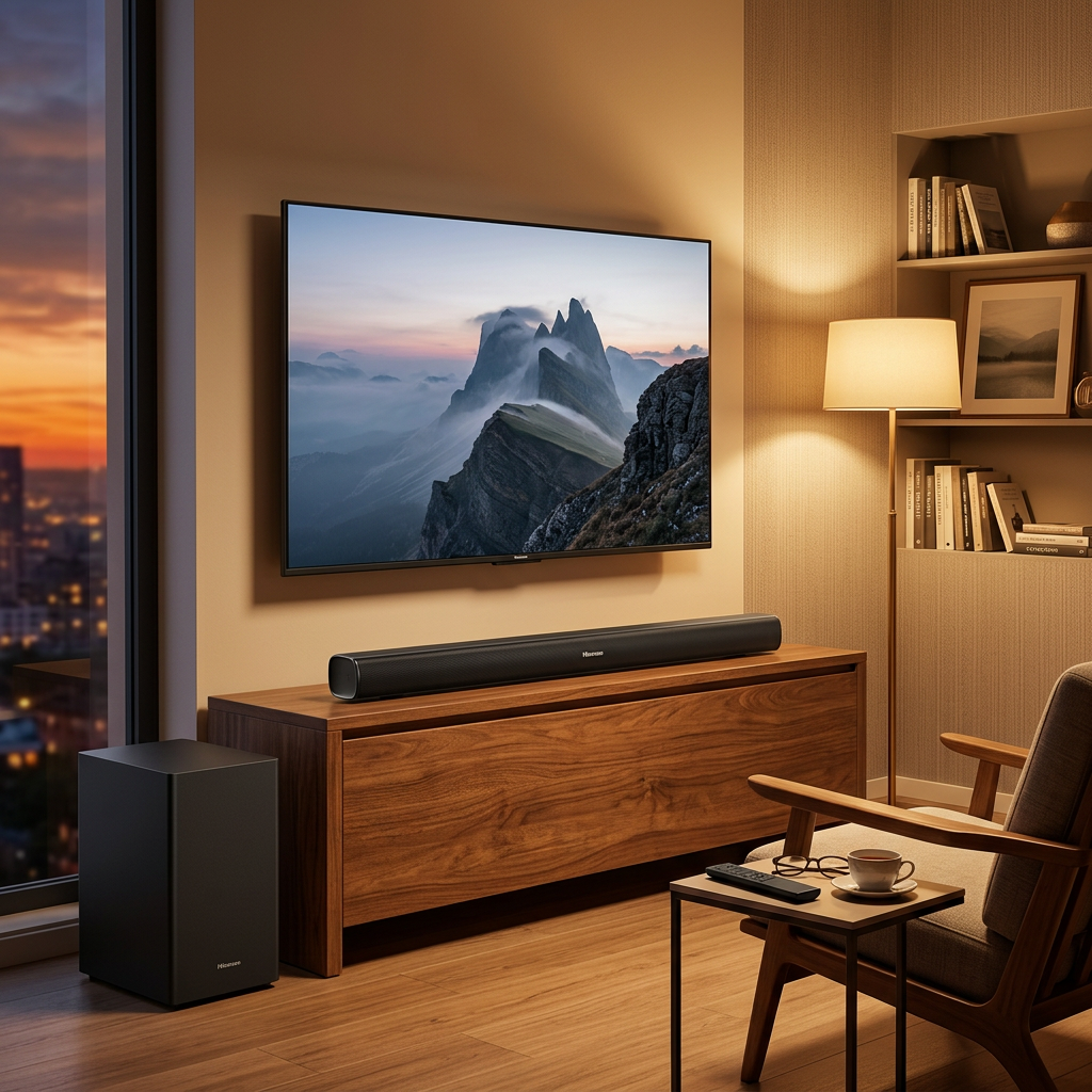 AI-edited soundbar and subwoofer living-room illustration; television and furniture not included.