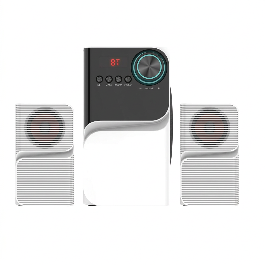 AI-edited Amtec AM-005 speaker system with existing front display illuminated.