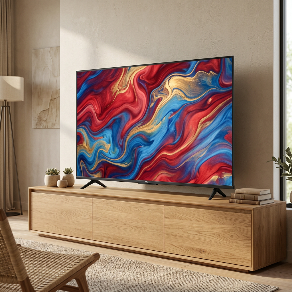 AI-edited TCL TV living-room illustration; screen illustrative, furniture and decor not included.