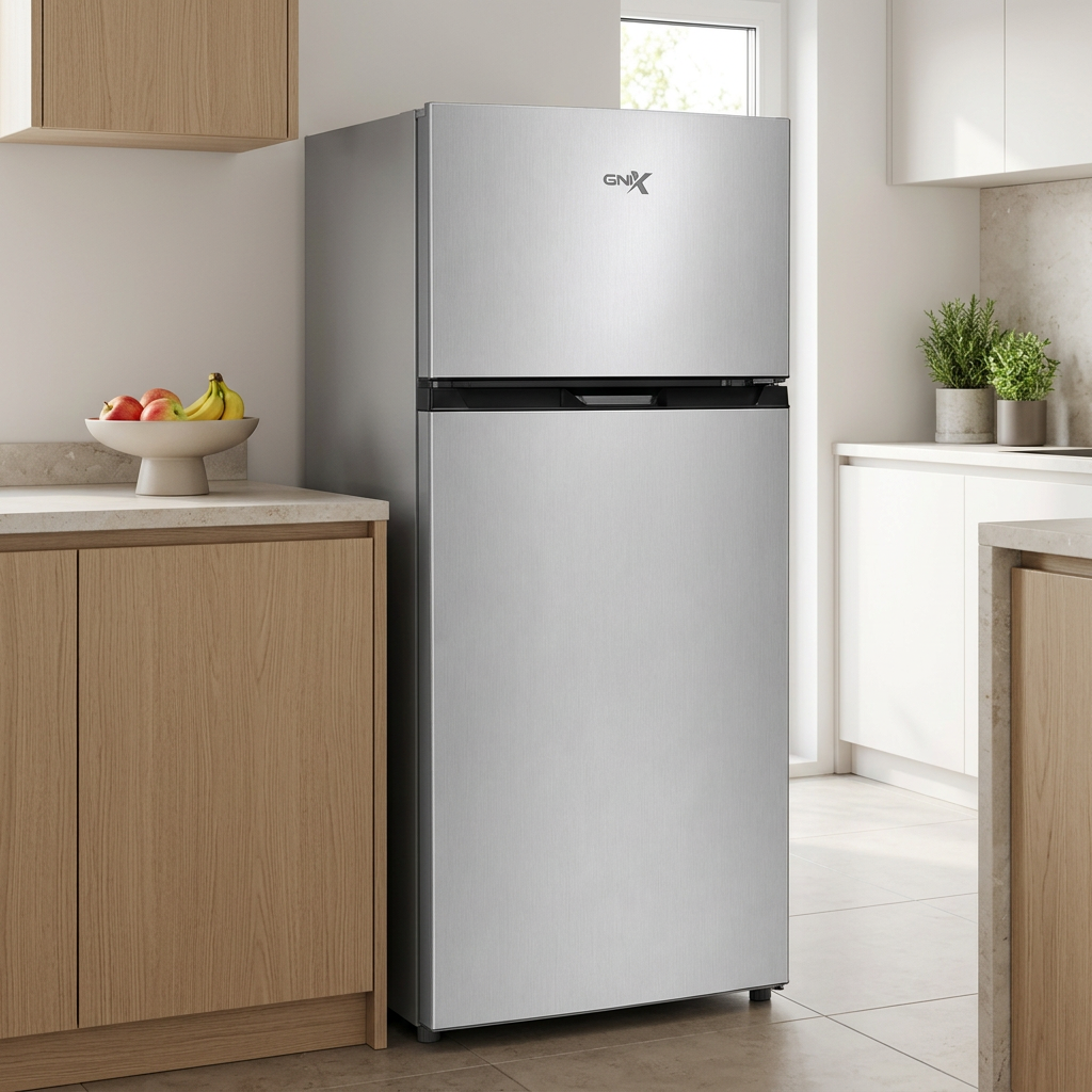 AI-generated reference-based GNIX 206L silver refrigerator in an illustrative kitchen