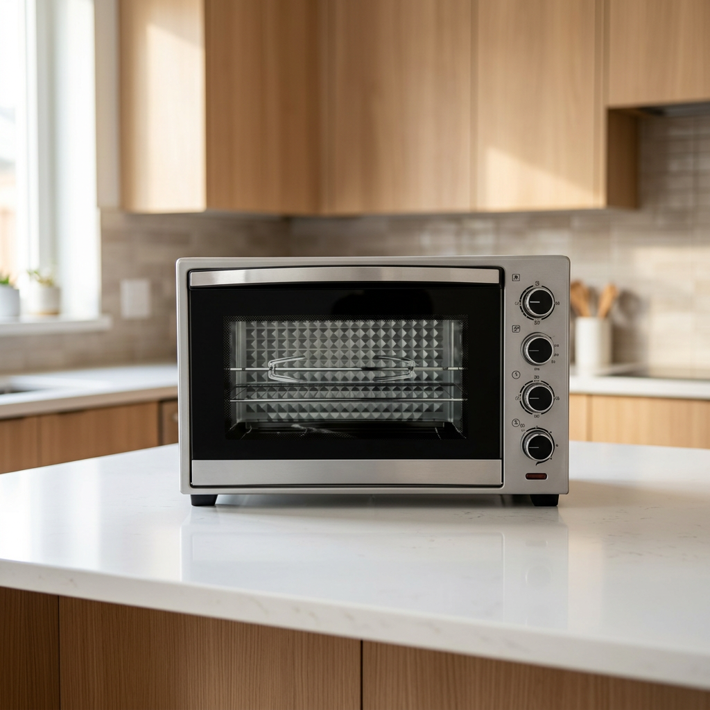 AI-edited Hisense 48L oven on clear kitchen countertop; furnishings not included.