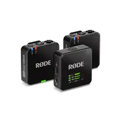 RØDE Wireless GO Gen 3 system with two black transmitters and one receiver with status display on white