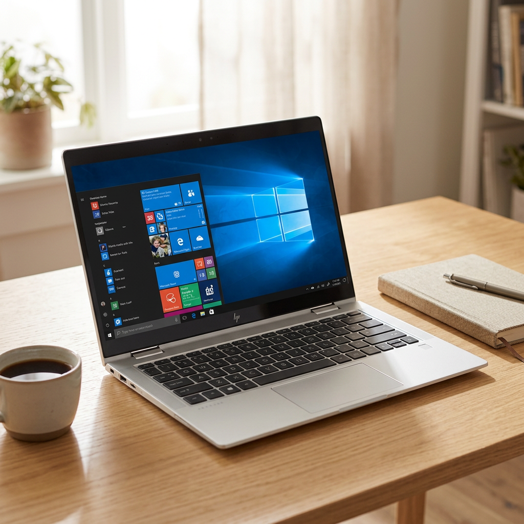 Silver HP laptop open on a desk beside a notebook and coffee cup.