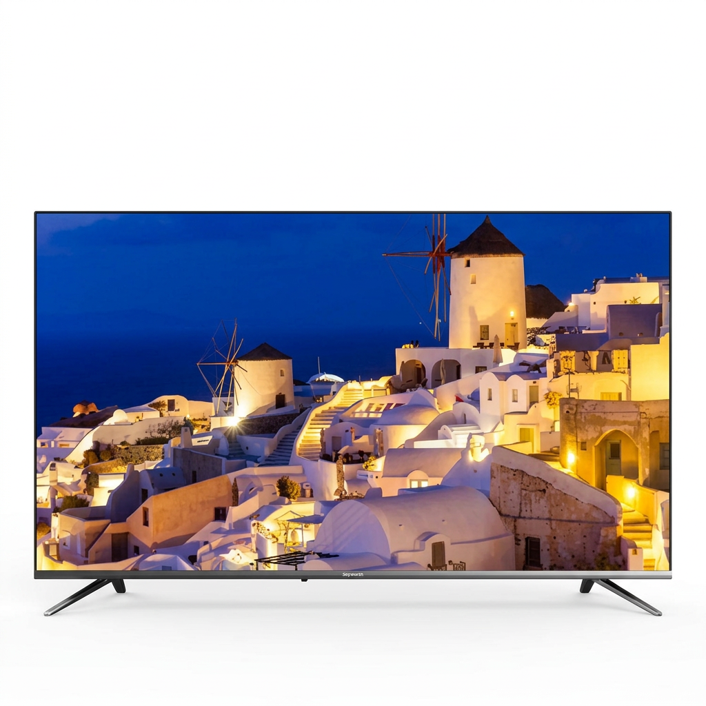 AI-edited Skyworth 43-inch TV on white with illustrative coastal village scenery.