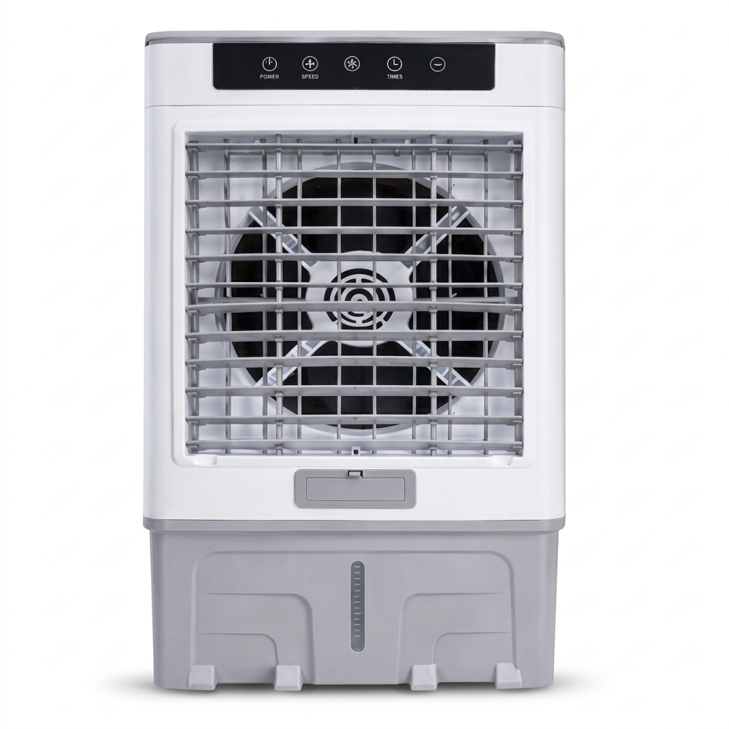AI-edited first-reference white-and-grey 35L evaporative air cooler, normal view
