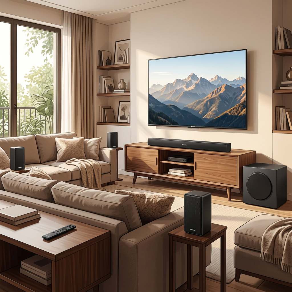 AI-edited HS5100 living-room illustration with two rear speakers; TV, furniture and speaker tables not included.