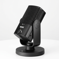 AI-generated unpacked view of a black RØDE NT-USB Mini microphone and desktop stand