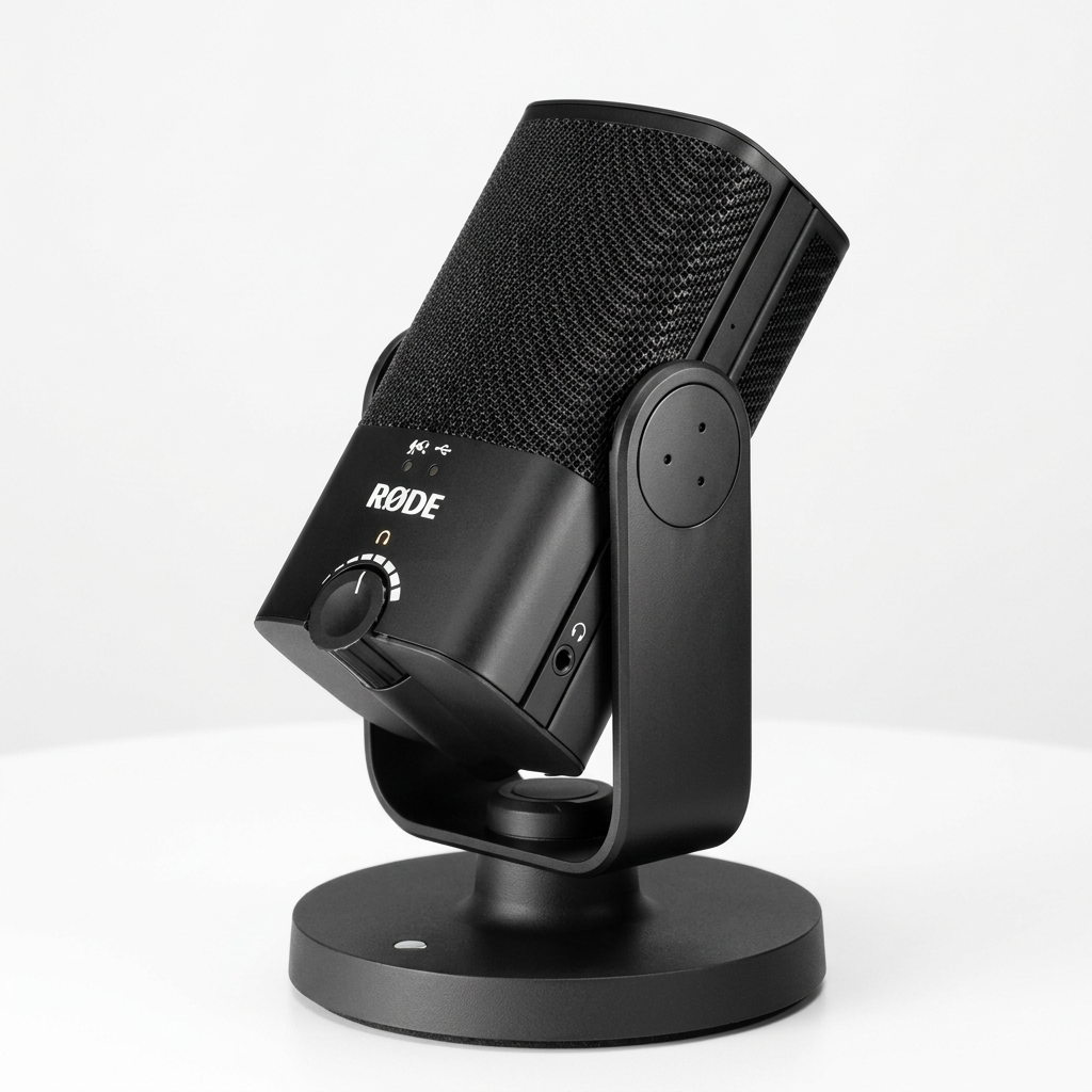 AI-generated unpacked view of a black RØDE NT-USB Mini microphone and desktop stand