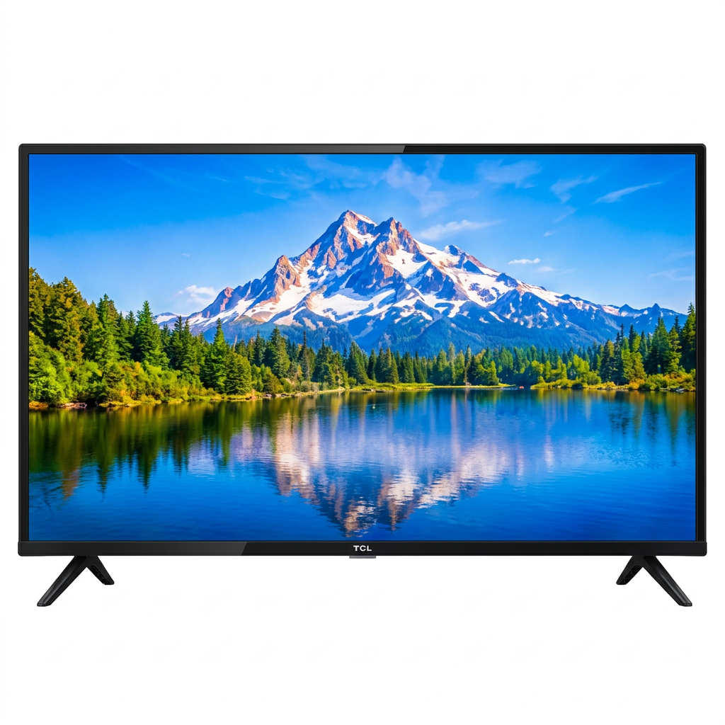 AI-edited TCL TV-only front view with black bezel and two feet; mountain lake screen illustrative.
