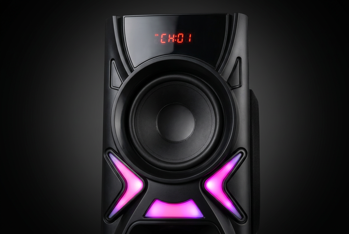 Amtec AM-315 3.1CH X-Bass Home Theater System - Subwoofer Close-up with Pink Purple LED Detail