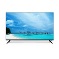 AI-edited Vision Plus slim-bezel TV front view on white, two feet and illustrative tropical beach screen.