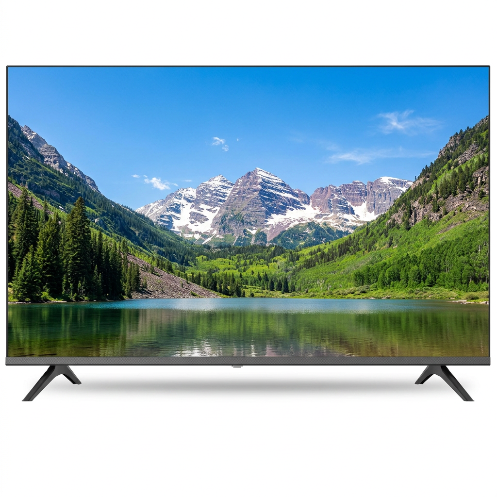 AI-edited Vitron 43-inch TV with illustrative landscape on white.