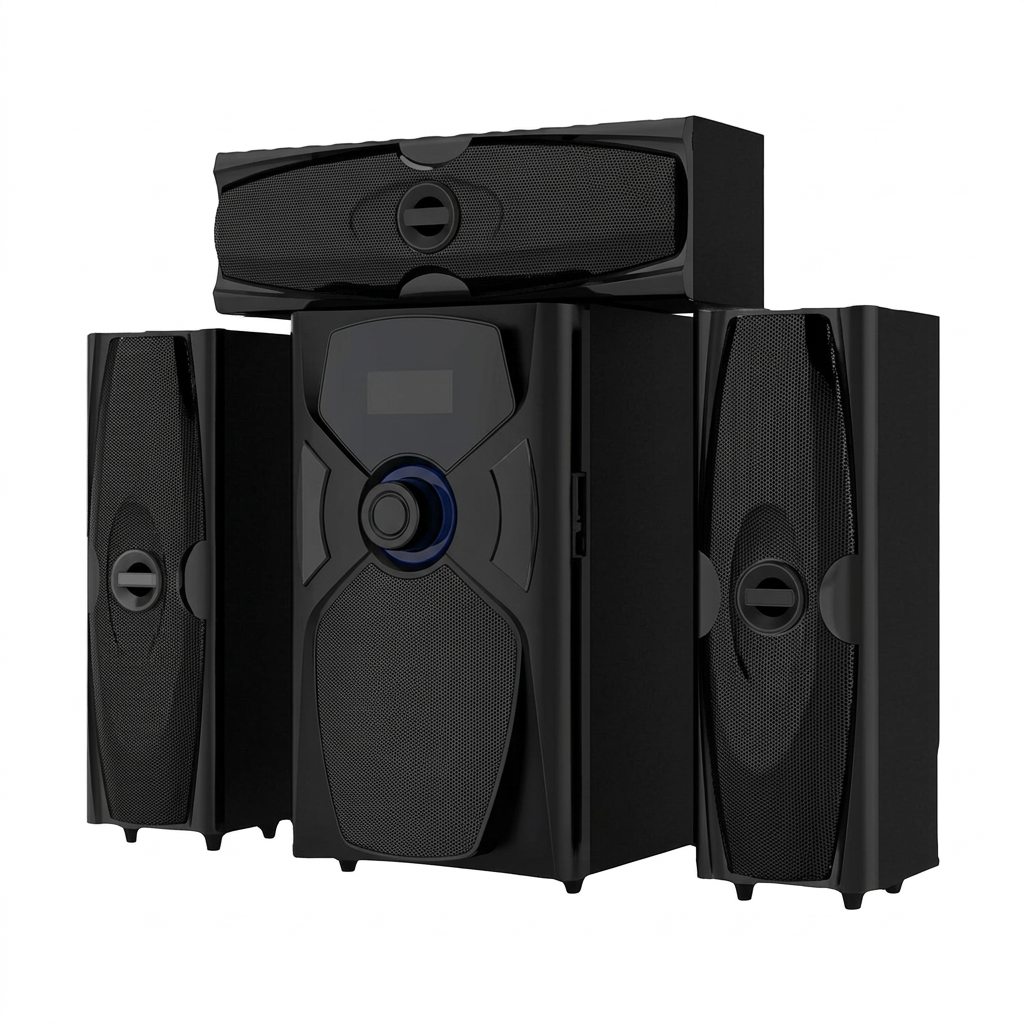 AI-edited Vitron V636 four-piece speaker system on white with display off.