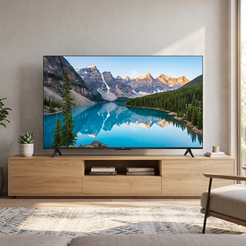 AI-edited TCL TV on a living-room console with illustrative mountain lake screen; furnishings not included.