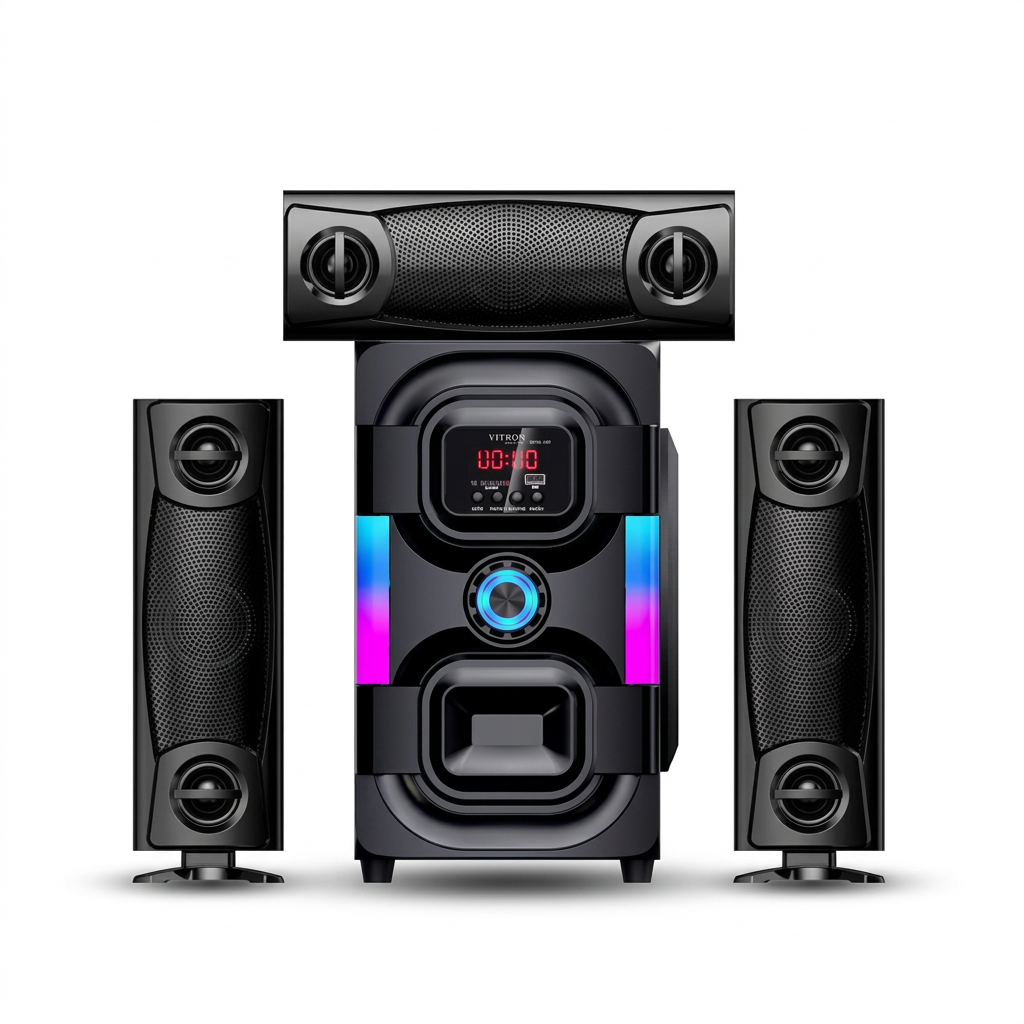 AI-edited V645 woofer, two upright speakers and horizontal centre speaker on white, based on reference.