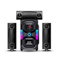 AI-edited V645 woofer, two upright speakers and horizontal centre speaker on white, based on reference.