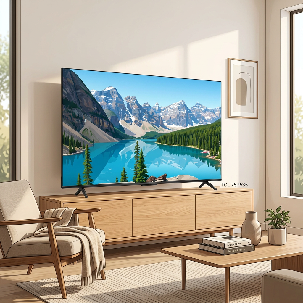 AI-edited TCL P635 television living-room illustration; furniture not included, screen and scale illustrative.