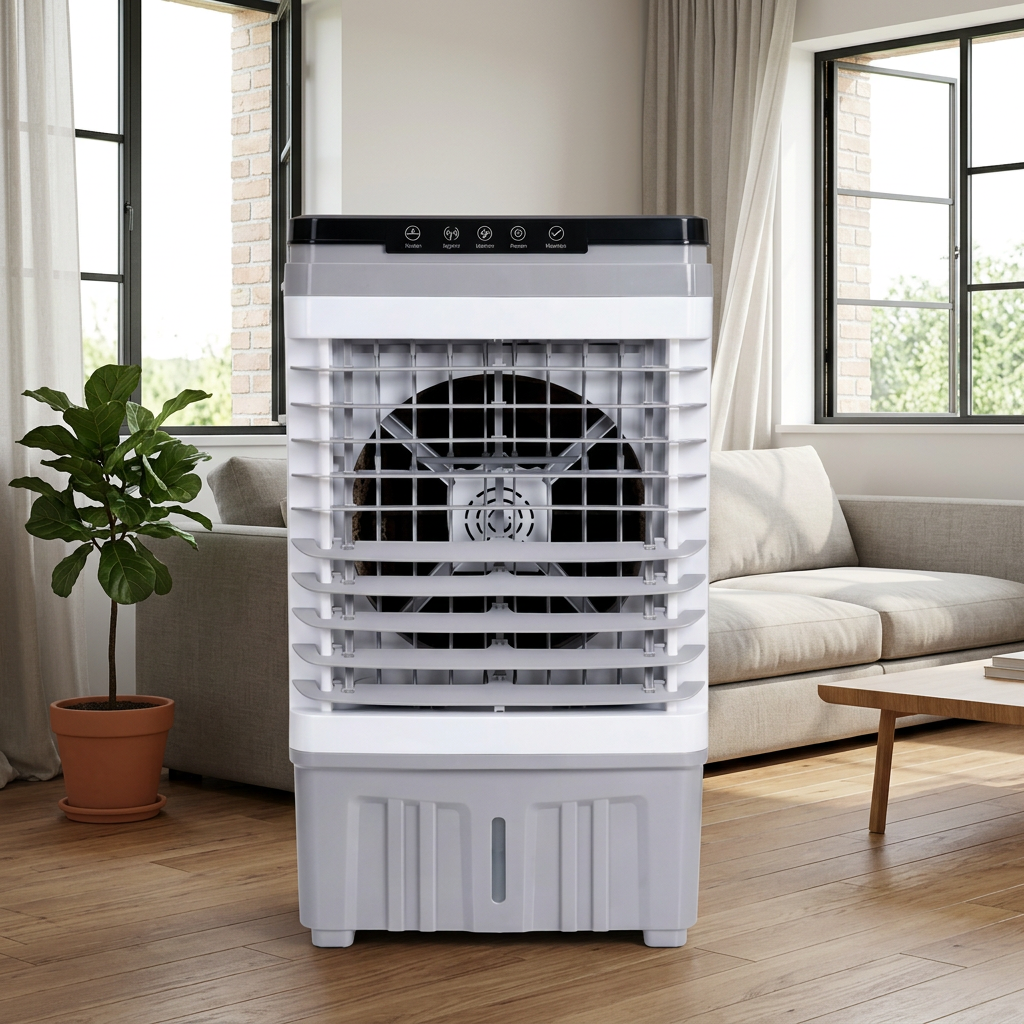 AI-generated reference-based 25L air cooler in an illustrative ventilated living room