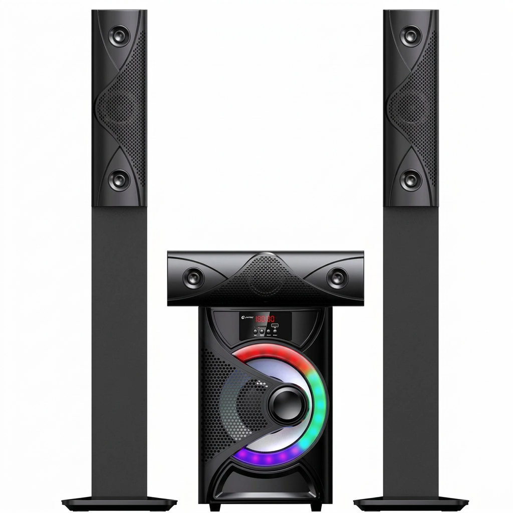 AI-edited Amtec AM-822 speaker system with illuminated subwoofer arc on white.