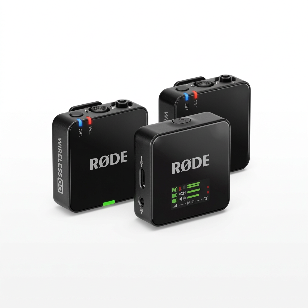 AI-generated unpacked view of two RØDE Wireless GO Gen 3 transmitters and one receiver
