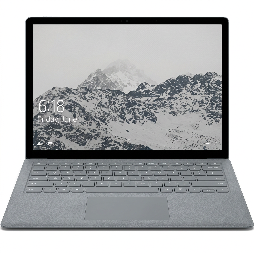 Grey Microsoft Surface laptop open with keyboard and screen visible on white.