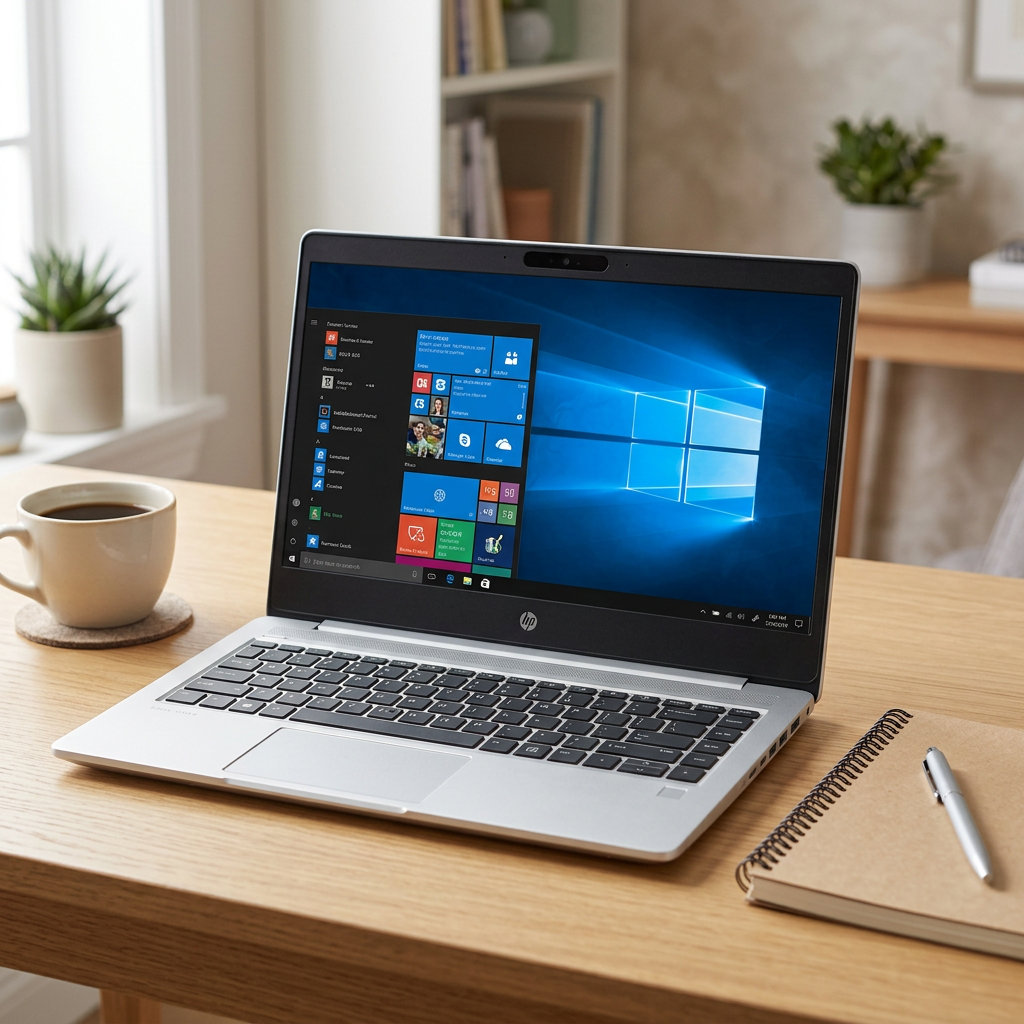 Silver HP laptop open on a home-office desk beside a notebook and coffee cup.