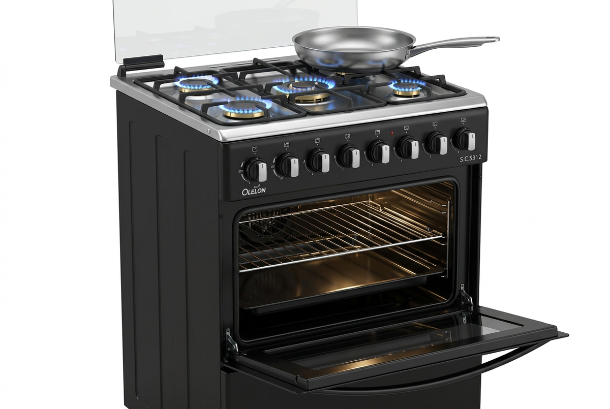 OLELON 50x55 Full Standing Gas Cooker - Oven Open & 4 Burners Lit