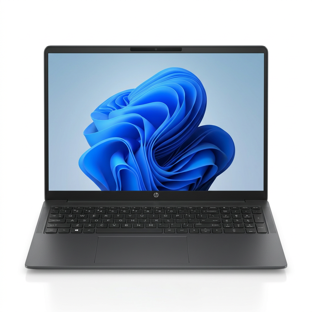 AI-generated illustration of an open dark grey HP OmniBook 3 laptop with blue abstract wallpaper