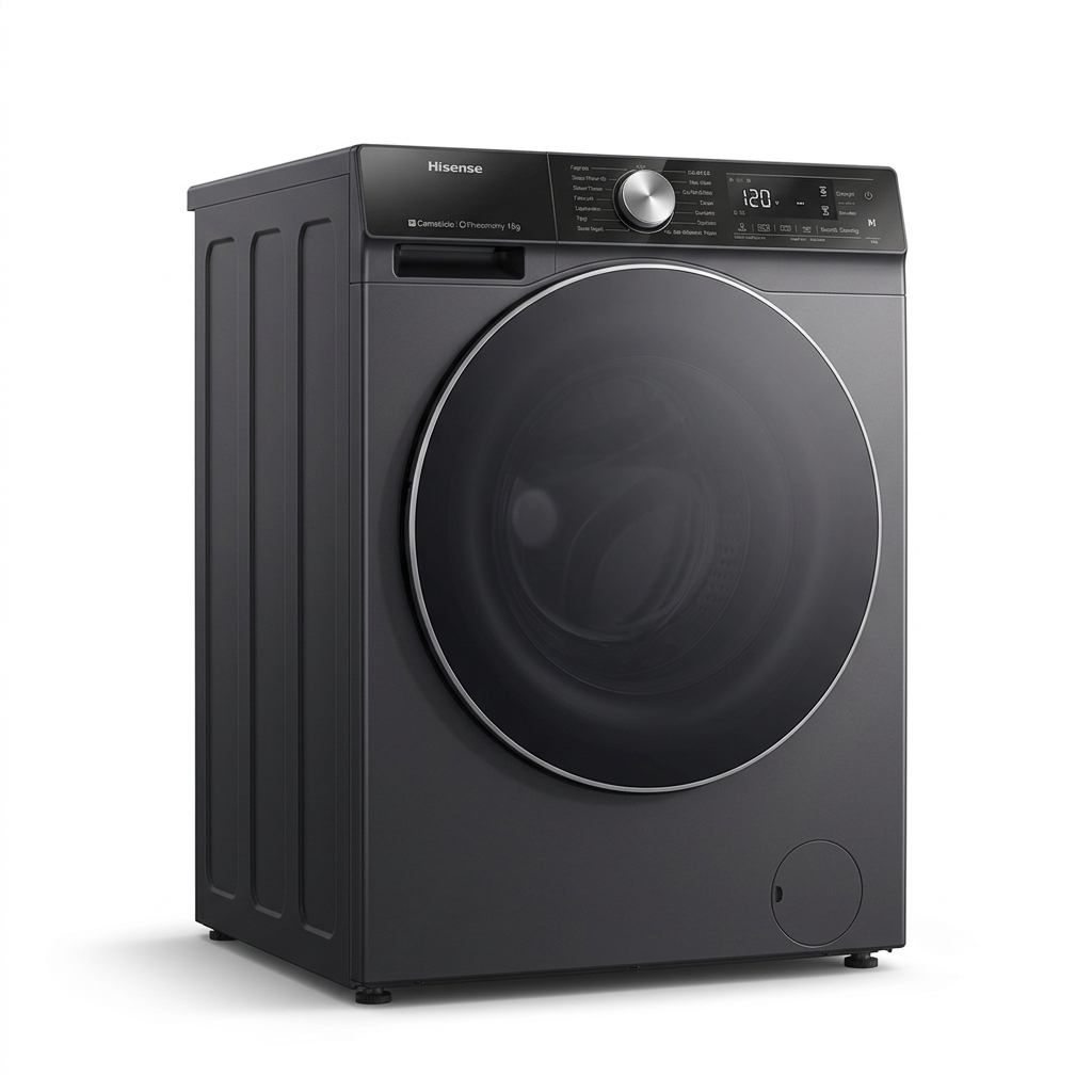 AI-edited charcoal Hisense front-load appliance closed on white; exact model and drying rating unconfirmed.