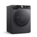 AI-edited charcoal Hisense front-load appliance closed on white; exact model and drying rating unconfirmed.