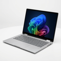 AI-generated illustration of a silver HP OmniBook X Flip 14-inch laptop open on a white background