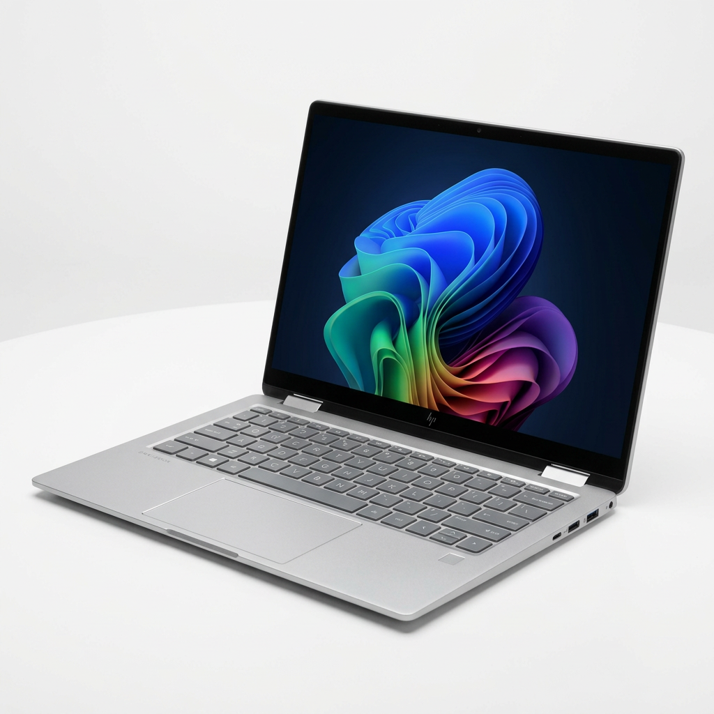 AI-generated illustration of a silver HP OmniBook X Flip 14-inch laptop open on a white background
