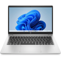 Open silver HP laptop showing keyboard and screen on a white background.
