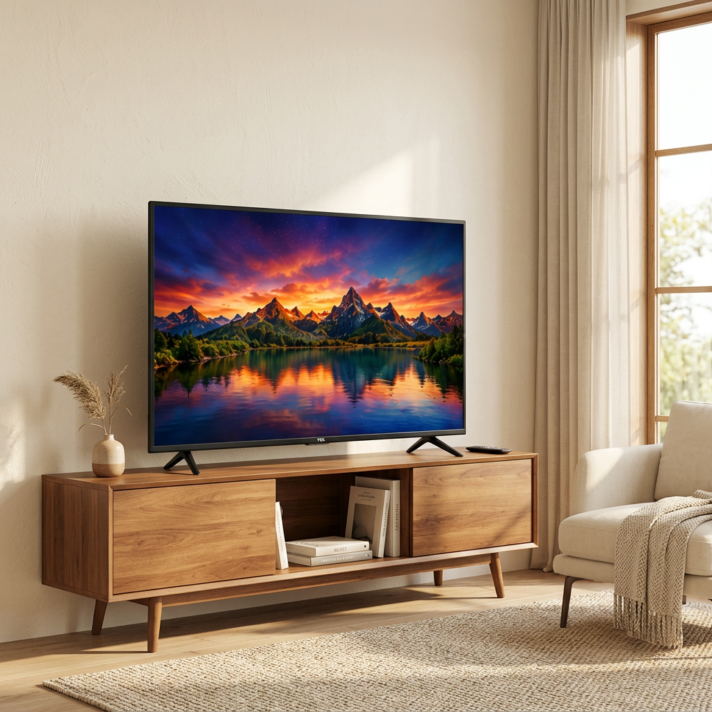 AI-edited TCL TV in warm living room with illustrative sunset screen; furnishings not included.