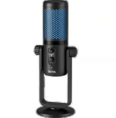 Black BOYA PM740 USB microphone with front controls, U-shaped support and round desktop base