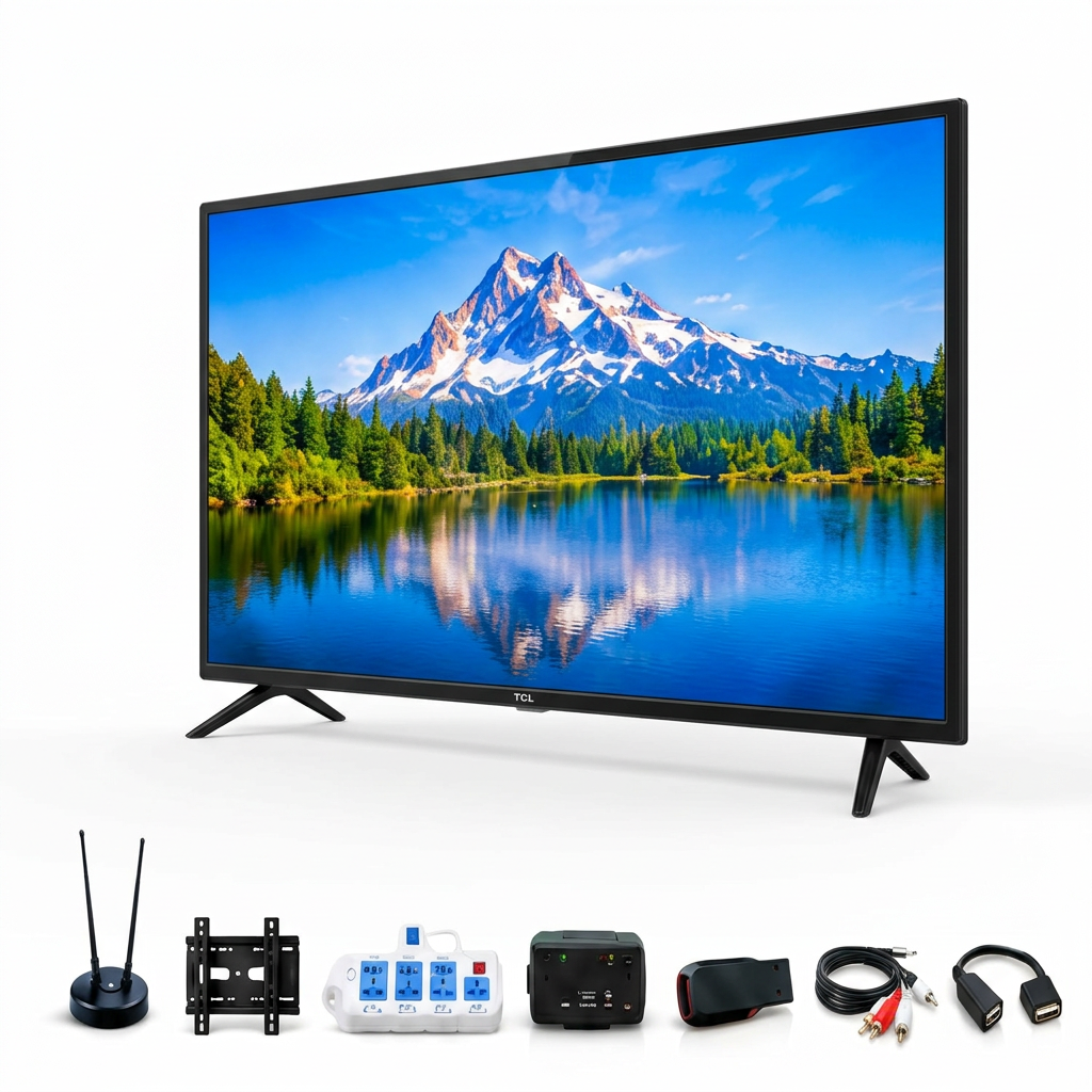 AI-edited angled TCL TV with indoor antenna, bracket, four-way extension, TV guard, flash drive, audio cable and OTG cable; accessories illustrative.