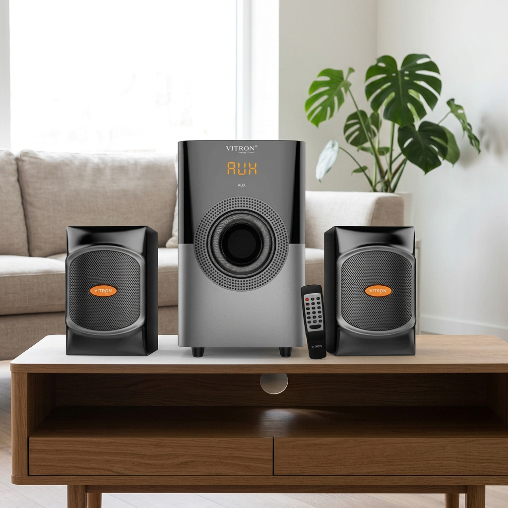 AI-edited illustration of Vitron V401 speaker set in a living room; furnishings not included.